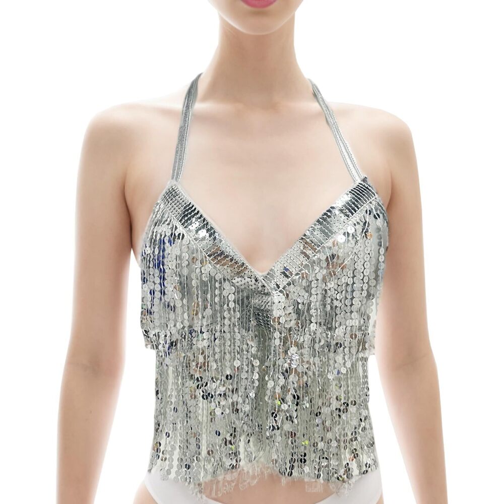 7592 Belly Dance Costume Bra Underwear Sequin Tassel Halter Latin Rave